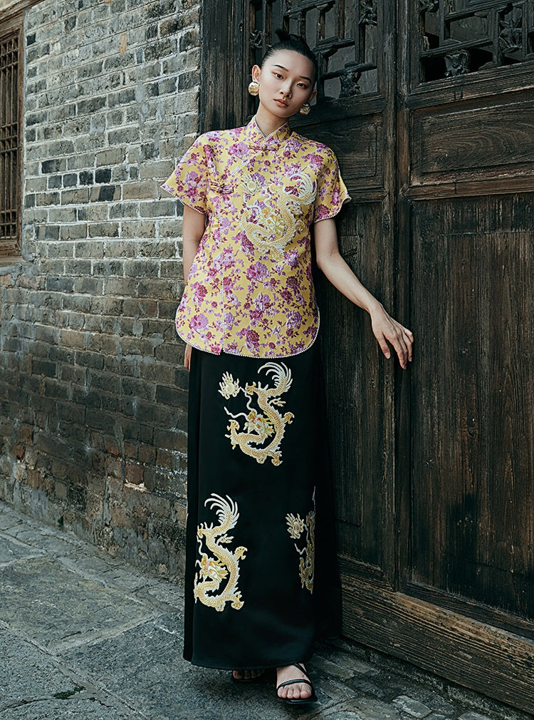 HECO Chinese style golden dragon embroidery short-sleeved placket buttoned shirt - QAND.