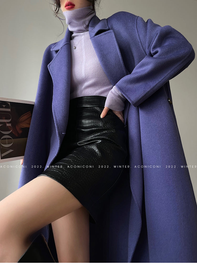 Aconiconi Luxury Purple Lapel Long Sleeve Long Straight Winter Coat- Taro