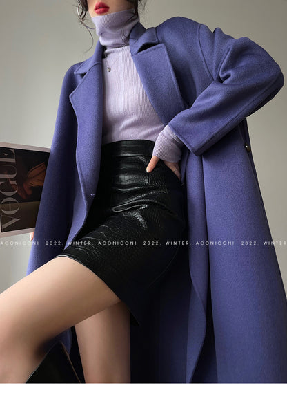 Aconiconi Luxury Purple Lapel Long Sleeve Long Straight Winter Coat- Taro