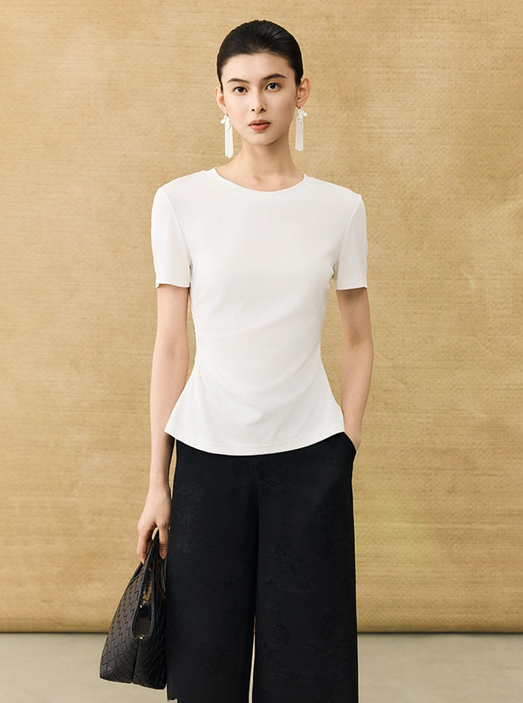 HECO Chinese Style Waist Shirred Knit Slim Stretch Top- STIQE.