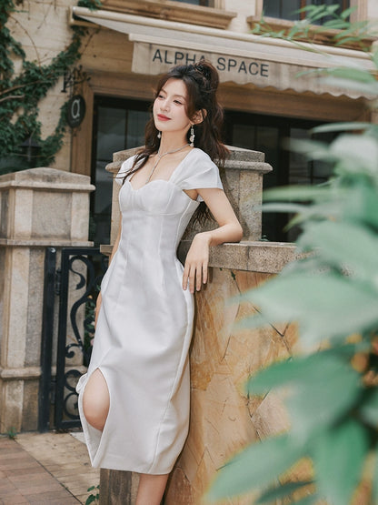 DOLLY Luxury French Style Square Collar Short Puff Sleeves Flower Bud Midi Dress-SARAH