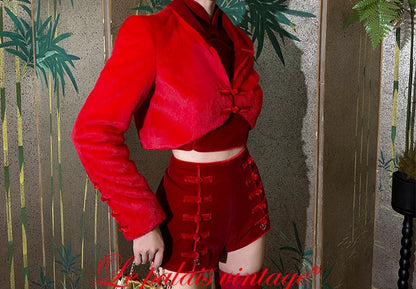 Le Palais Vintage Elegant Style Red Fur Crop Chinese Jacket - Jacky.