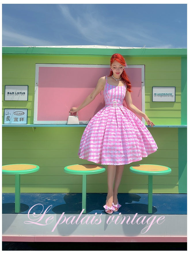 Le palais vintage Barbie vintage pink plaid jumpsuit + swing bow skirt -June