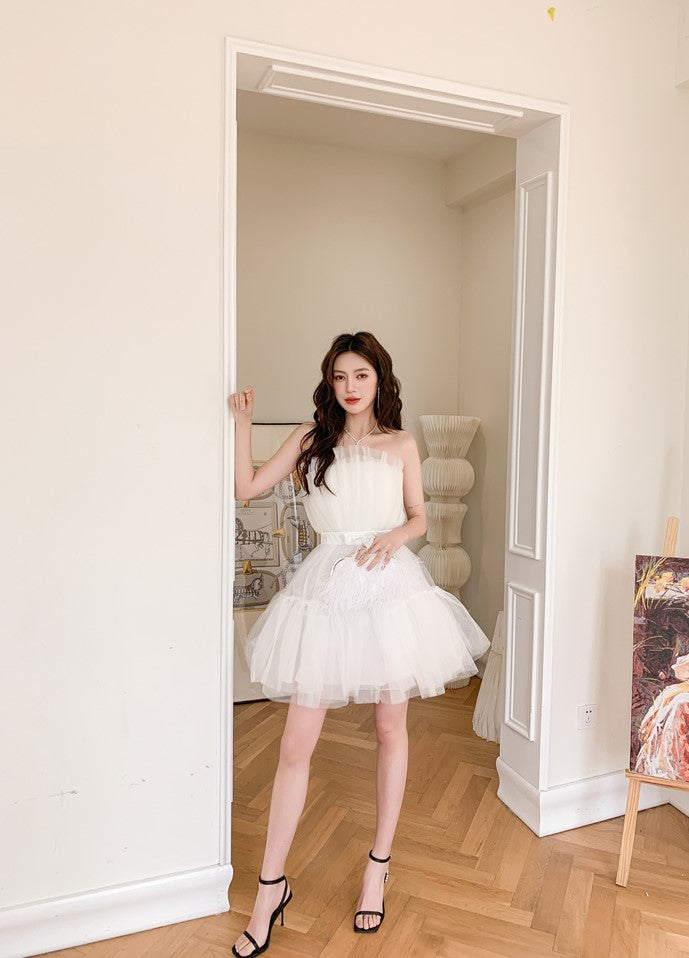 DOLLY Elegant Sleeveless Off Shoulder Chest Wrap Midi Princess Dress-JANEY