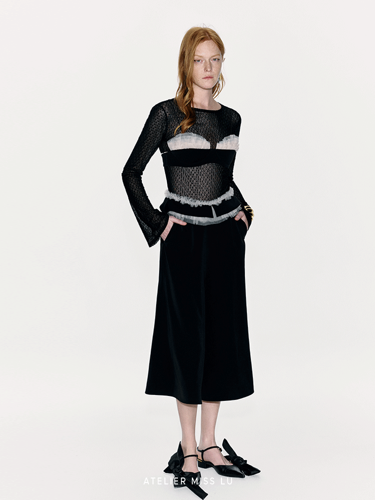 ATELIER MISS LU Waist Tulle Panel Design Wide Leg Pants - ARINA