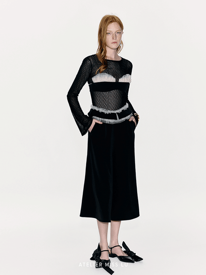 ATELIER MISS LU Waist Tulle Panel Design Wide Leg Pants - ARINA