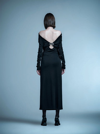 ANNAKIKI  Designer Vertical Back Cut-out Pleated One-Line Neck Dress-MIU