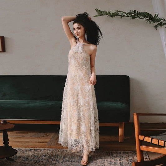 DOLLY Elegant Off White Retro French Style Halter Neck Backless Party Dress-JADE