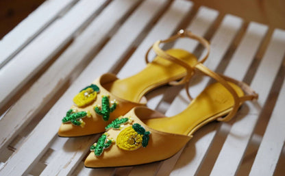 B-FEI Yellow Pointed Toe Embossed Flat Women's Sandals-VILIA.