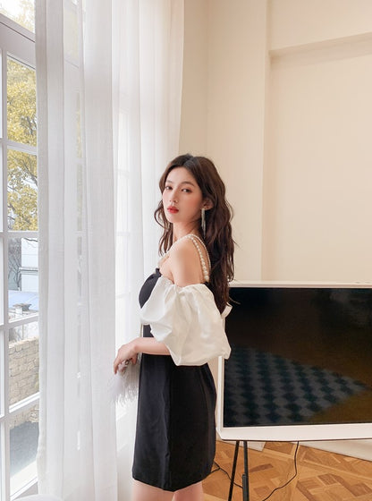 DOLLY Luxury Off Shoulder White Puff Sleeves Black A-Line Dinner Dress-MERCIA