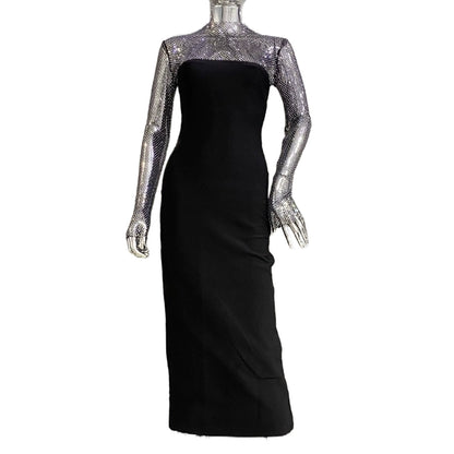 DOLLY Elegant Black Queen Style Turtle Neck Long Sleeve Slim Fit Long Dinner Dress-ELUALIA
