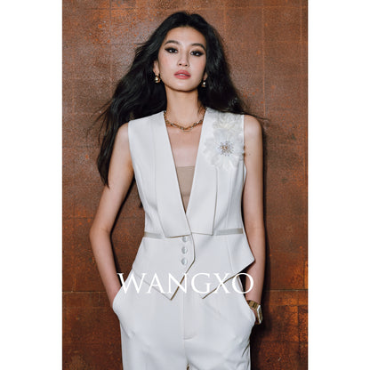 WANGXO|Wide Suit Material Spell Real Acetate Detachable Handmade Flowers V-Neck Vest Trousers - MAVIS