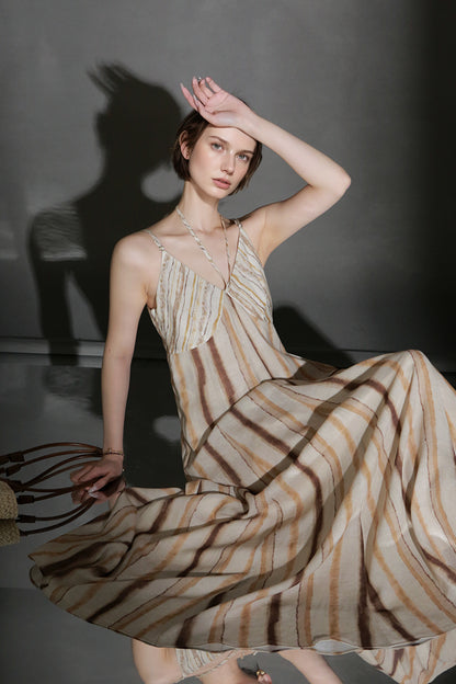 PIAOIN resort-style vertical stripe design sundress women's halterneck design cinched waist dress high-quality spring and summer-GISELLE