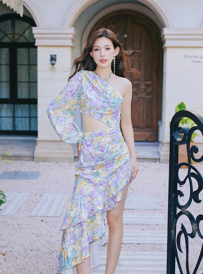 DOLLY Elegant Slant Collar Long Puff Sleeve Hollow Irregular Ruffled Hem Dress-KIERA