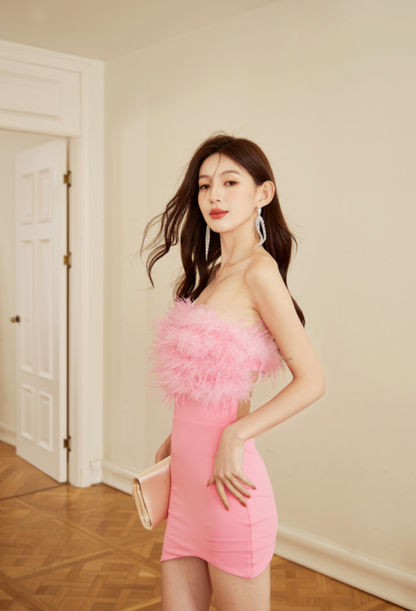 DOLLY Elegant Off Shoulder Fluffy Feather Tube High Waist Slim Fit Short Dress-FRANCES