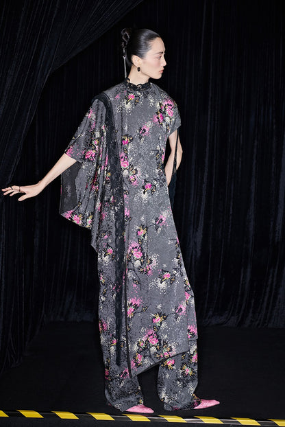 M essential Mackay designer cherry blossom print beaded asymmetrical dress - WORDS.