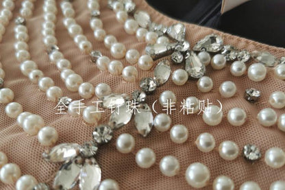 DOLLY Elegant Brown and Black Crew Neck Sleeveless Pearl Beaded Dinner Dress-MANYA