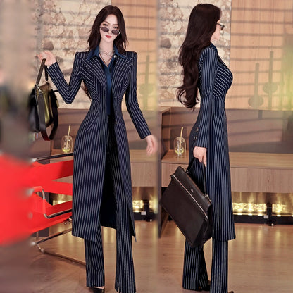 VJE Striped Trench Coat Flared Pants Two-Piece Set-NICH.