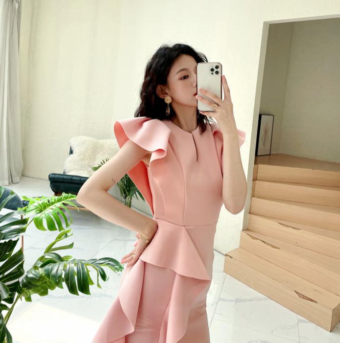 DOLLY Luxury V-Neck Short Sleeve High waist Slim Fit Irregular Hem Date Dress-LISA