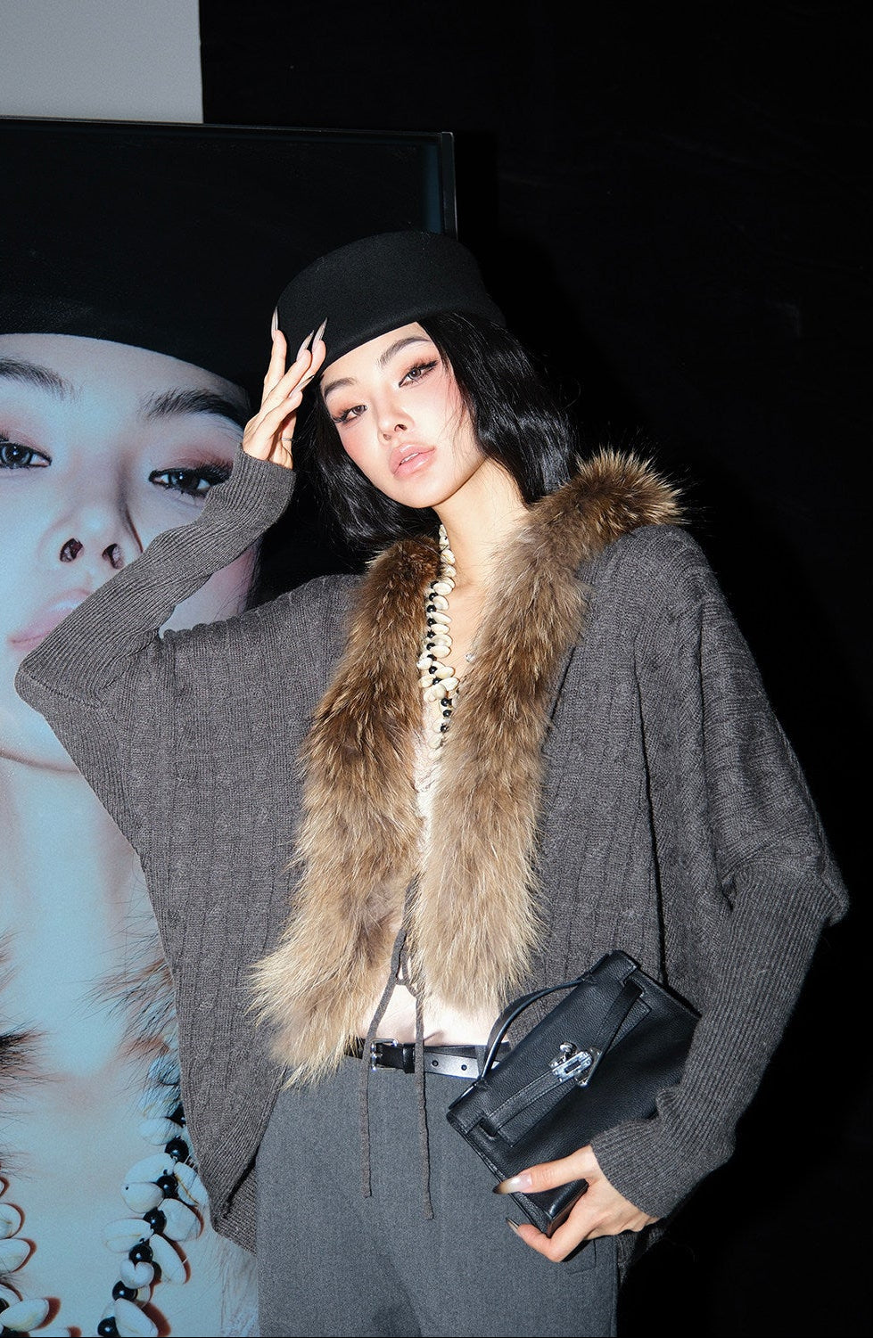 MEI SANGUAN Fur Collar Batwing Wool Sweater- JESSE
