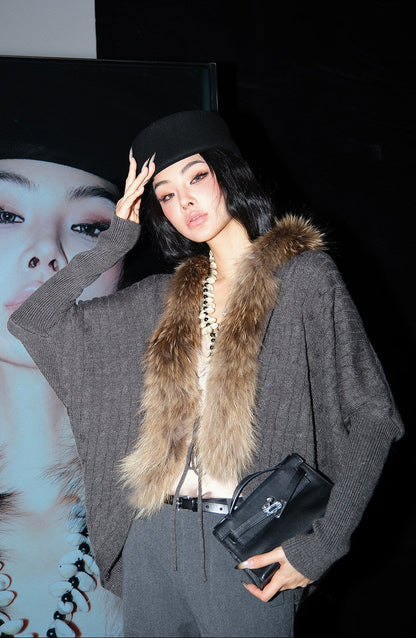 MEI SANGUAN Fur Collar Batwing Wool Sweater- JESSE