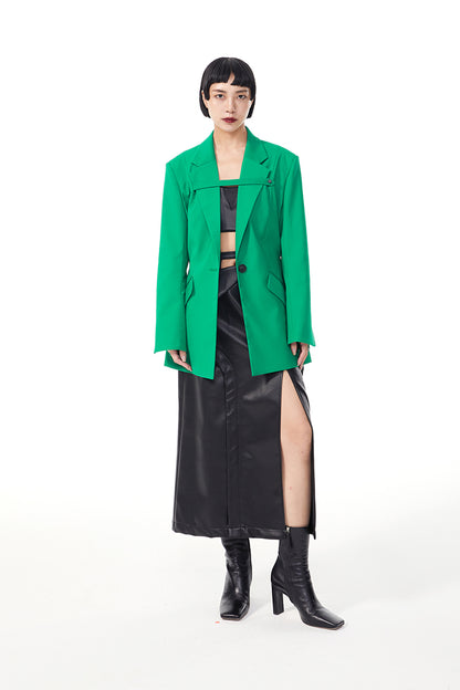 TINYIN  waist silhouette blazer women's one-button mid-length green black-CHI