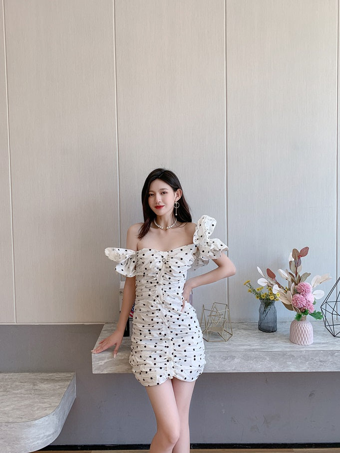 DOLLY Elegant White Off Shoulder Short Puff Sleeve Slim Fit Short Polka Dot Dress-MINA