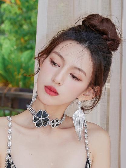 DOLLY Elegant Black Big Flower Diamond Chocker Chic Necklace-AMAL