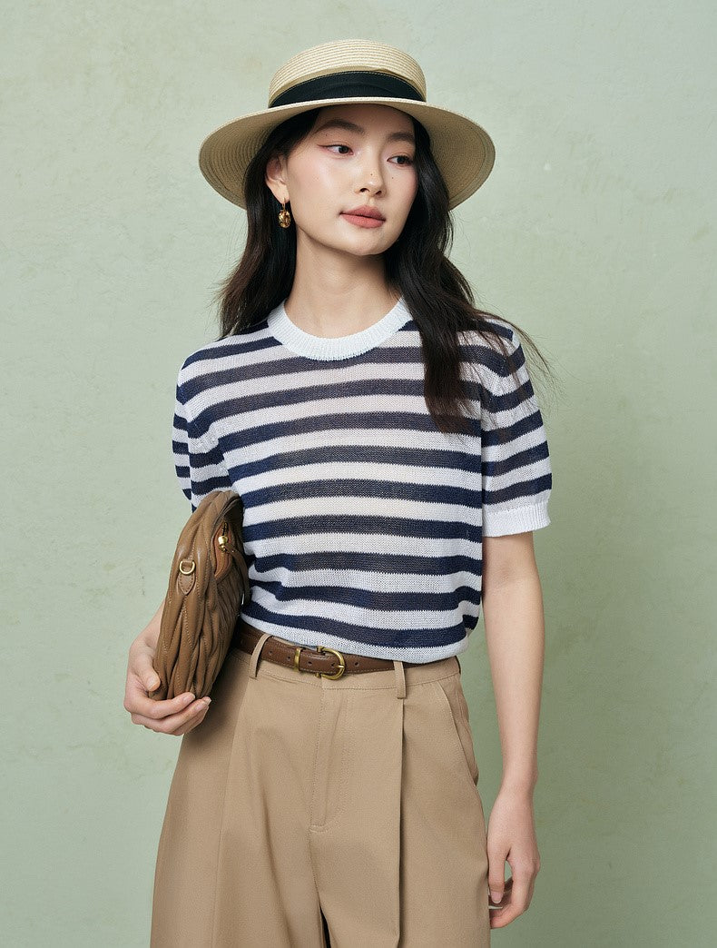 SUSHE light hollow texture striped short-sleeved knit sweater new stretch loose top -BESS