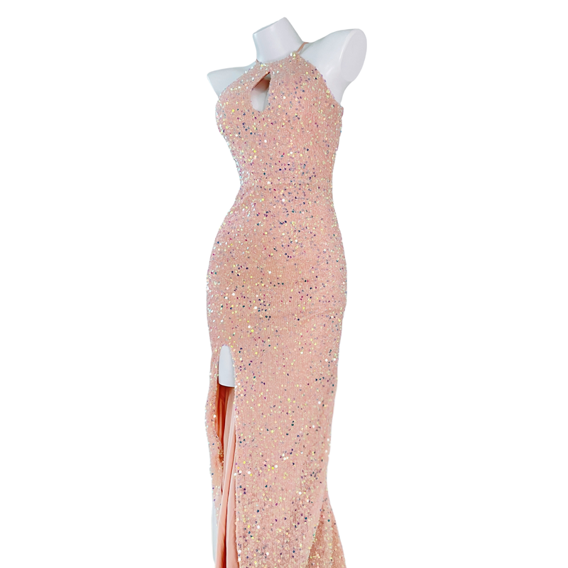 DOLLY Elegant Sleeveless Sequin Halter High Waist Fish Tail Evening Dress-BECCA