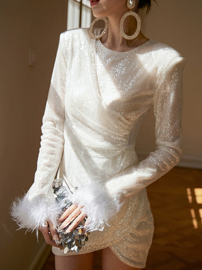 DOLLY Elegant White Crew Neck Long Sleeve Short Sequin Sexy Birthday Dress-LAYLA