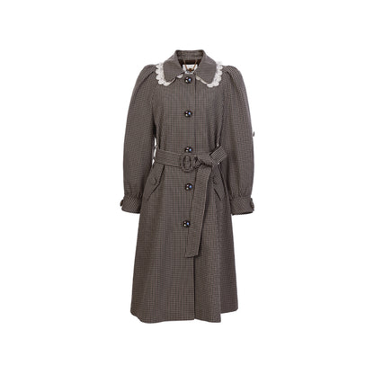FAME Embroidered Collar Vintage Plaid Long Trench Coat - SANDRA.