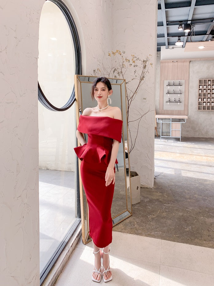 DOLLY High End Off Shoulder Peplum Tube Top Slim Fit Wedding Guest Dress-HANS