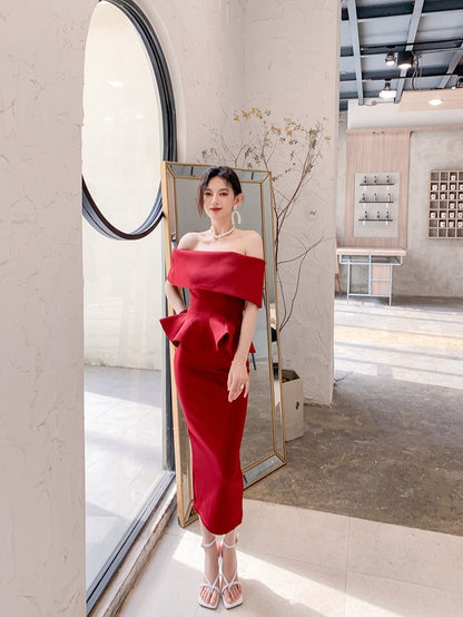 DOLLY High End Off Shoulder Peplum Tube Top Slim Fit Wedding Guest Dress-HANS