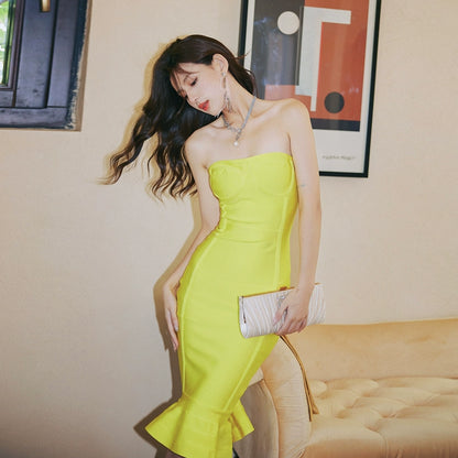 DOLLY Elegant Yellow Off Shoulder Tube Top Slim Fit Knitted Fish Tail Dress-PONA