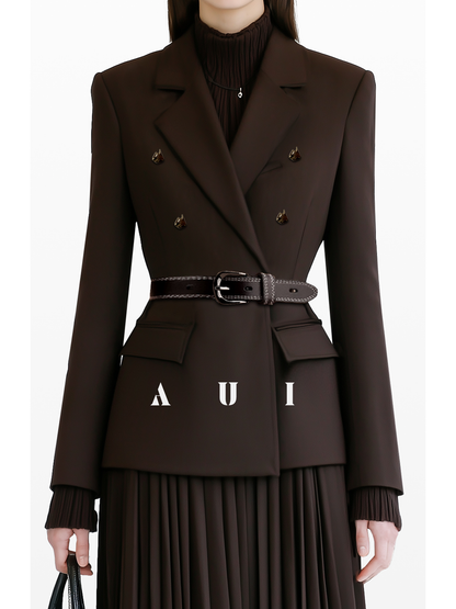 AUI Mocha Blazer Professional Commuter Pleated Two-Piece Suit Skirt - Hea.