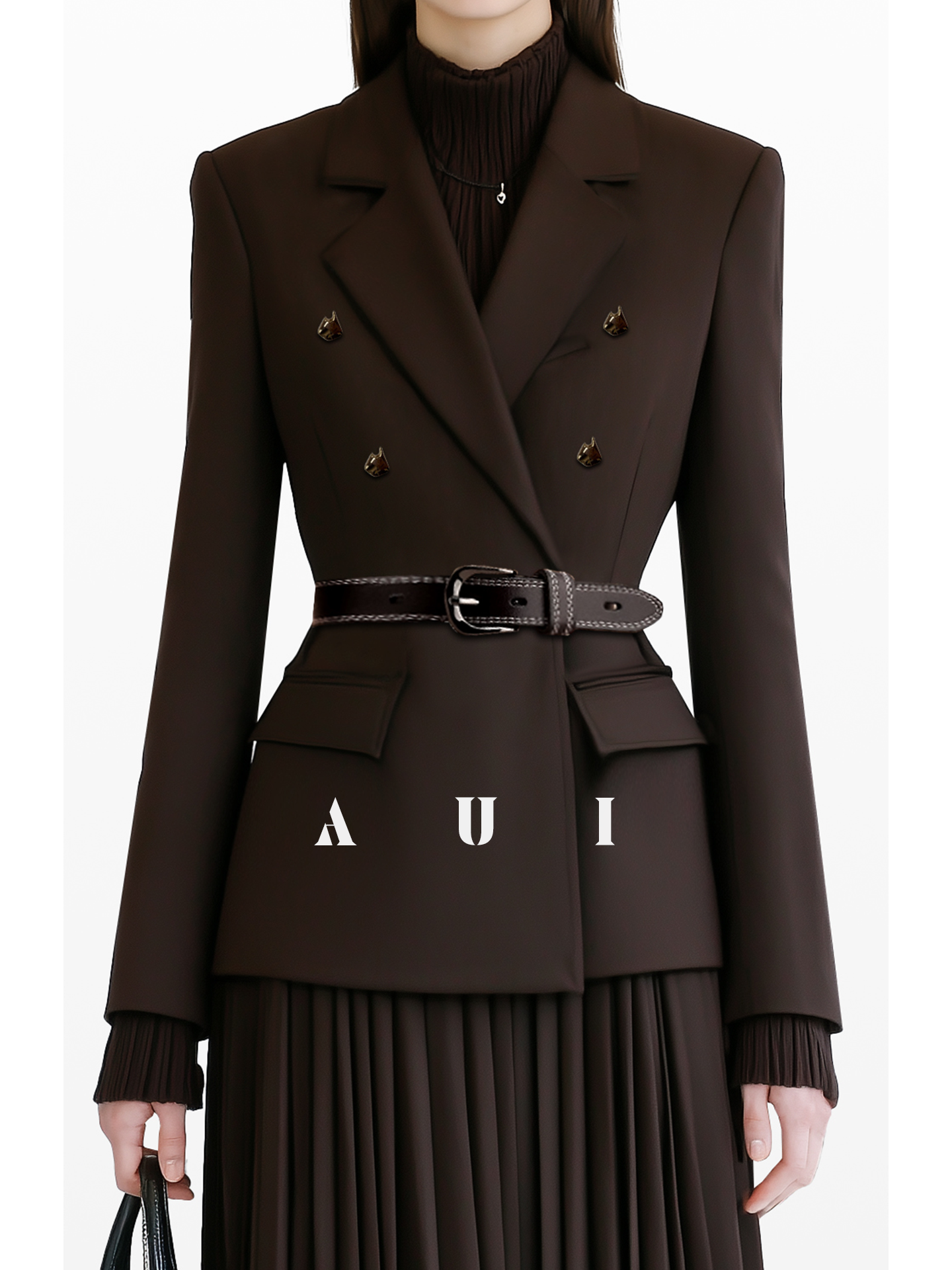 AUI Mocha Blazer Professional Commuter Pleated Two-Piece Suit Skirt - Hea.