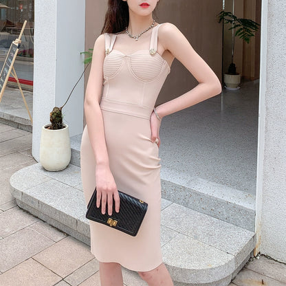 DOLLY Elegant V-Neck Sleeveless Tube Top Body Hug Midi Party Dress-KASIE