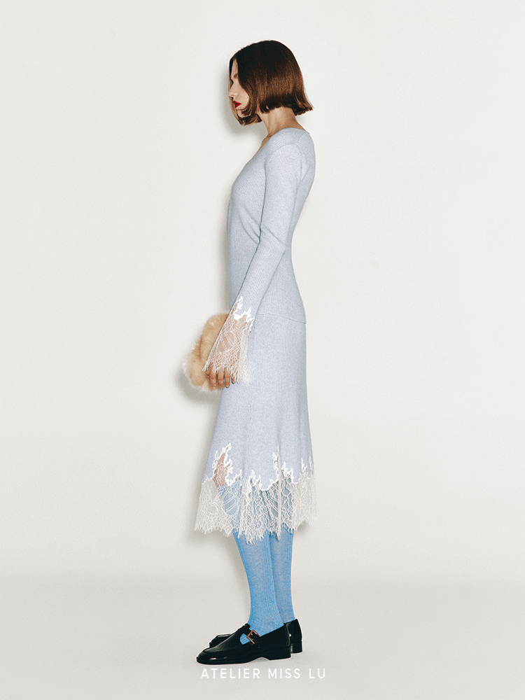 ATELIER MISS LU Fall/Winter elongated lace panelled cashmere wool skirt - JOY