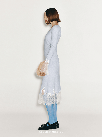 ATELIER MISS LU Fall/Winter elongated lace panelled cashmere wool skirt - JOY