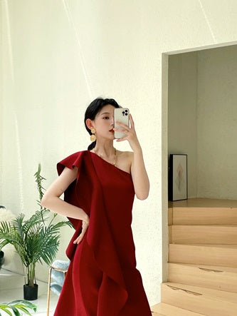DOLLY Luxury French Style Ruffle One Shoulder Hip Hug Midi Dinner Dress-JEHO