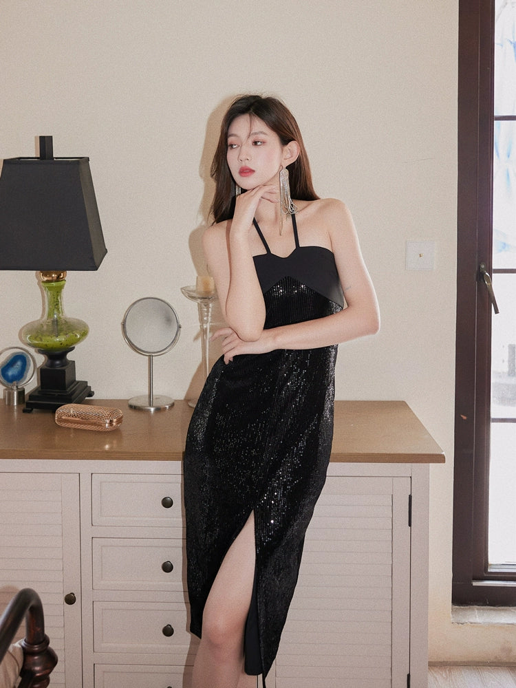 DOLLY Elegant Black Sequin Halter Neck Tube Top Slit Dinner Date Dress-VALENCIA