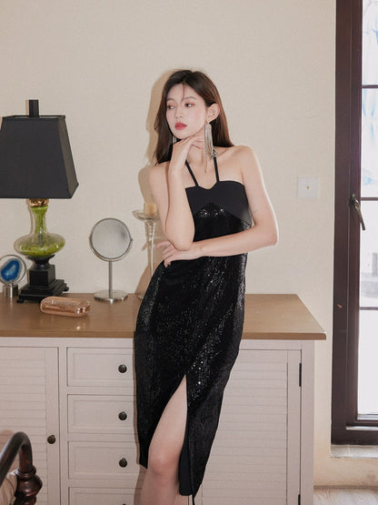 DOLLY Elegant Black Sequin Halter Neck Tube Top Slit Dinner Date Dress-VALENCIA
