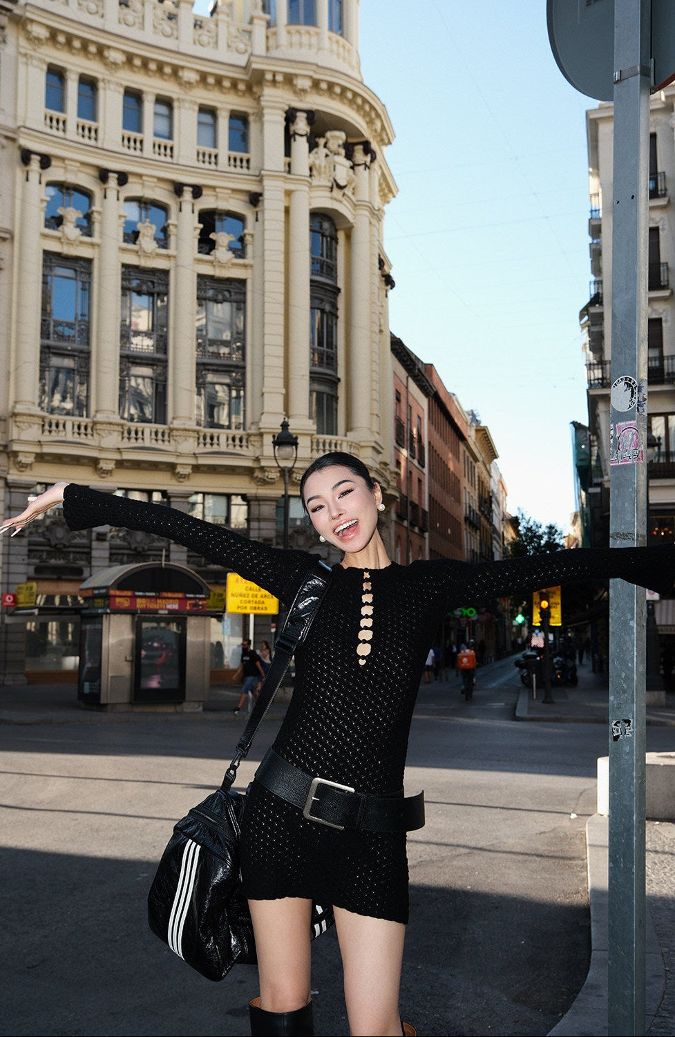 MEI SANGUAN black crew neck cut-out knitted dress- BECCA