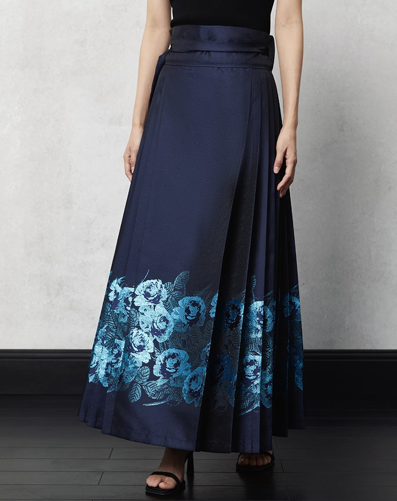 HECO Woven Gold Pattern Blue Horse Face Pleated High Waisted Skirt - tech.