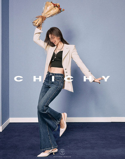 CHICHY High Street Retro Bootcut Blue High-Waisted Length Pants-LEXI