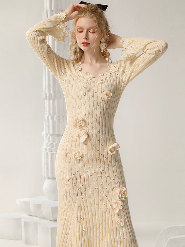 CHECOCRE Elegant Autumn Crochet Hollow Wool Slim Fishtail Long Dress- MARK