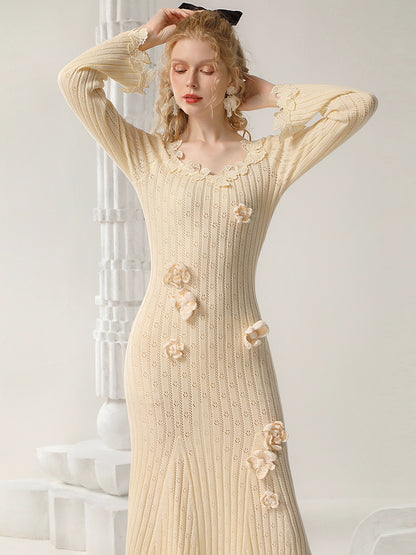 CHECOCRE Elegant Autumn Crochet Hollow Wool Slim Fishtail Long Dress- MARK