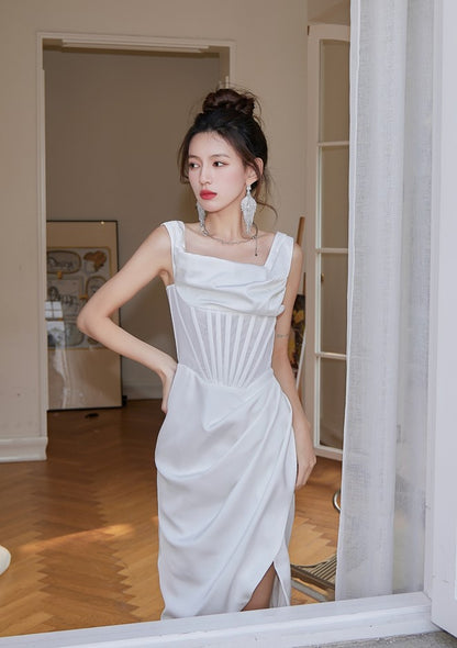 DOLLY Elegant French Style Herringbone One Shoulder Irregular Hem Dinner Dress-SALOMI