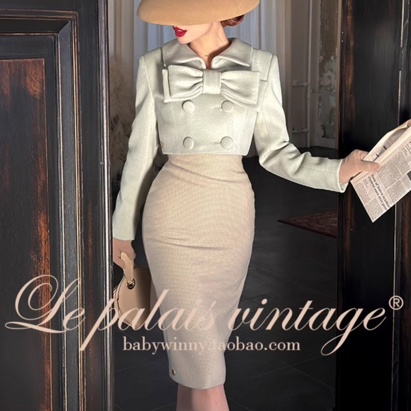 Le Palais Vintage Elegant cropped jacket with large lapel + high-waisted corporate hip suit skirt-Merritt.